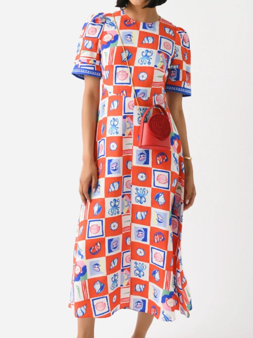 HUNTER BELL Red, Blue & White Printed Midi Dress